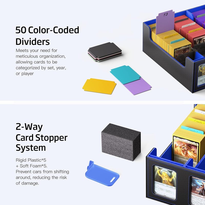 MORCCO Trading Card Storage Box 5-Row 3900+ Capacity,TCG MTG Card Case with Magnetic Lid & Commander Display,Top Loader Storage for Sports Cards,Includes Dividers Dice Box（Black＆Blue） - Image 4